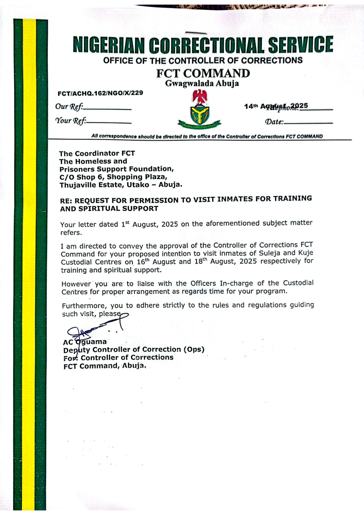 FCT Abuja Approval Letter